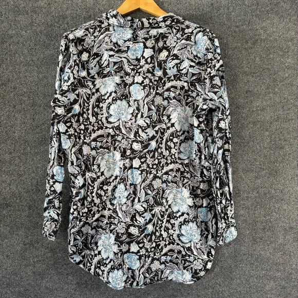 TAHARI Womens Linen Floral Button Up Top Size Large Black Blue Office Career - Picture 2 of 8